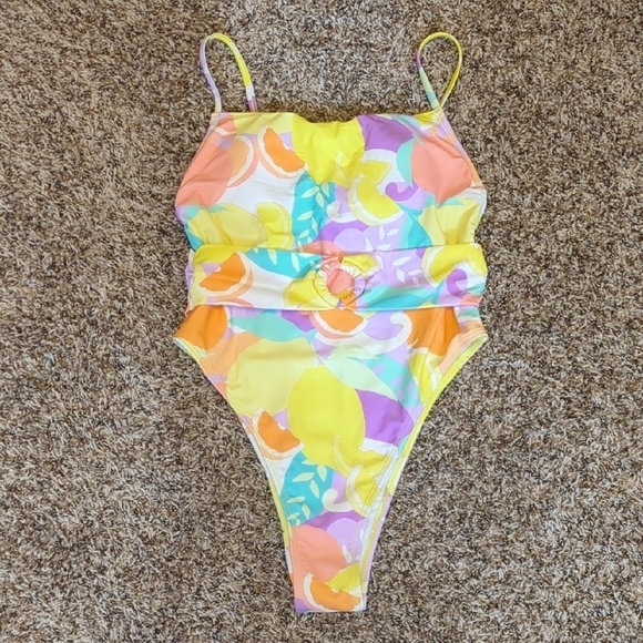 Cupshe multicolor citrus belted high leg cheeky square neck one piece swimsuit - Picture 2 of 9